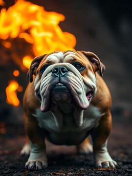 a bulldog that does not flinch at the aura of flames