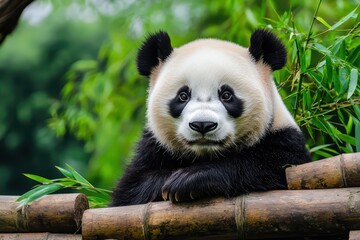 Obraz premium Panda Searching for Food in a Habitat with Destroyed Bamboo and Natural Surroundings
