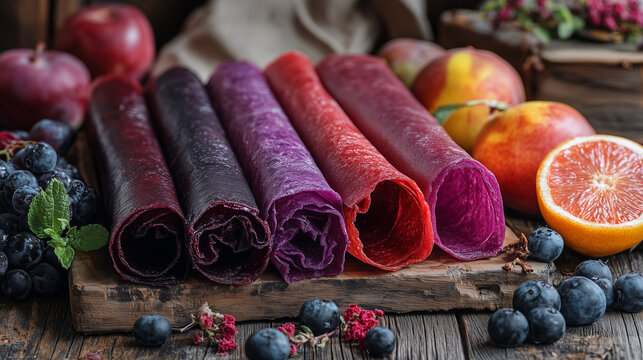 tklapi, a traditional Georgian fruit leather, with vibrant red and purple hues of fruit, rolled neatly and placed on a wooden surface, accompanied by fresh fruit and a rustic backdrop