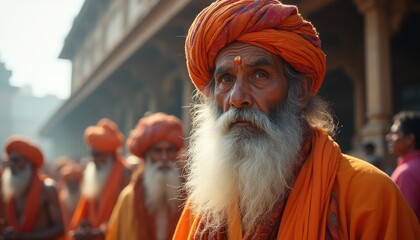 Obraz premium Elderly sage in vibrant orange attire captures tranquility amid a gathering of spiritual devotees in an ancient temple