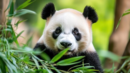 Struggling Panda Searching for Bamboo in a Deforested Habitat with Green Background