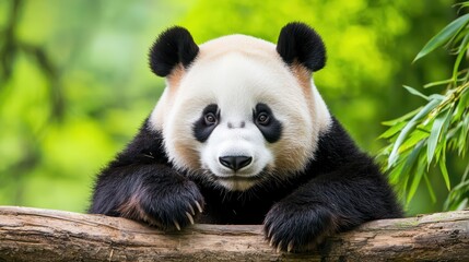 Obraz premium Panda Struggling to Find Bamboo in Deforested Habitat with Environmental Impact Overview