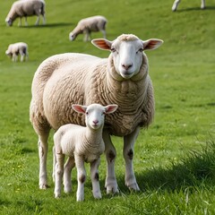 Fototapeta premium Mother Sheep and Lamb in Green Pasture