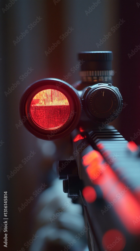 Aufkleber close up view of a rifle scope with a red illuminated reticle, blurry background suggesting low ligh