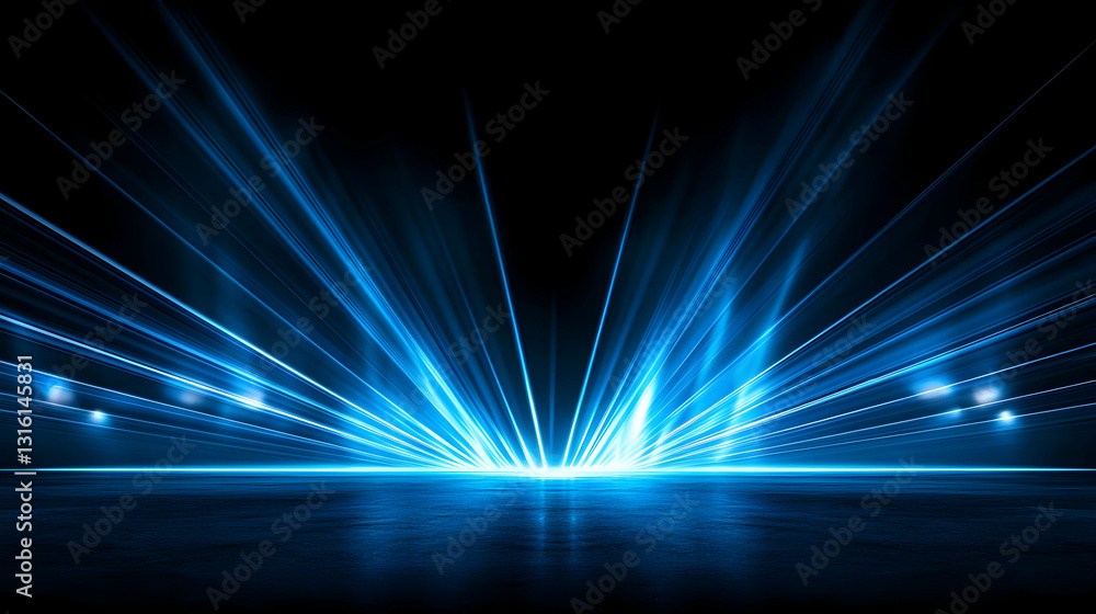 Poster vivid blue rays of light on a dark background illuminating an empty stage floor with a futuristic an