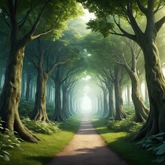 Naklejka premium Sunlit Path Through a Mystical Forest