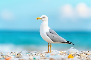 Fototapeta premium Seagull Standing on a Beach Surrounded by Plastic Debris Under a Clear Blue Sky