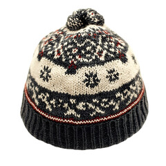 A Hand Knitted Wool Cap with Intricate Snowflake Pattern and Pom Isolated on Transparent Background