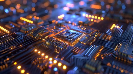 Abstract Close-Up View of a Colorful Circuit Board with Glowing Lights and Intricate Details