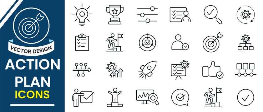 Action plan icon, vector set. Action plan line icon symbol design for web design, app, logo.  Containing strategy,  analysis, tasks, planning, strategy, goal, implementation and others.