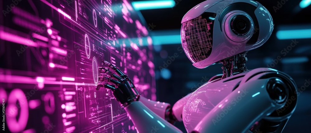 Poster robotic tutor presenting lesson with glowing interactive display screen