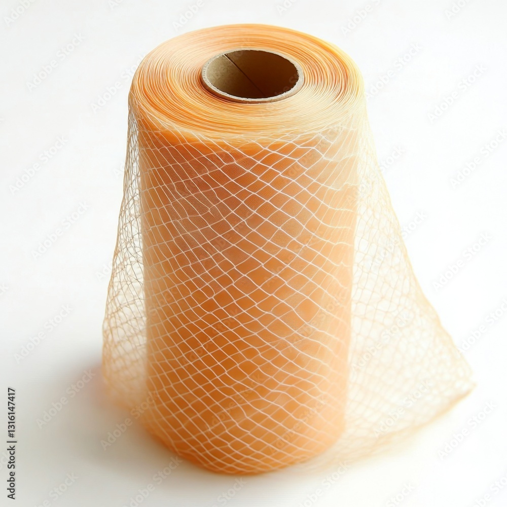 Poster a roll of light amber netting or mesh fabric is displayed against a white background. the mesh has a