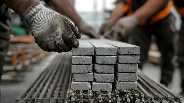 Workers are handling stacked concrete blocks on the ground