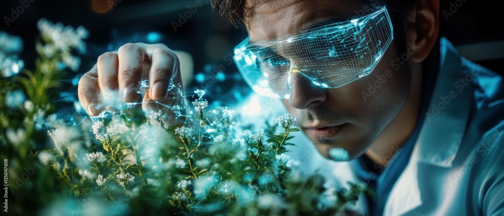Poster scientist exploring wireframe model of ecosystem in innovative research lab