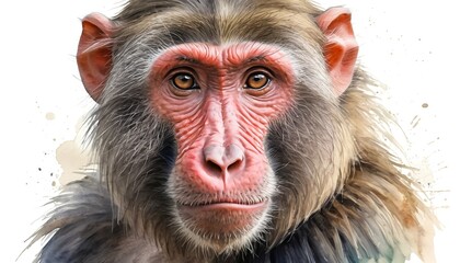 Watercolor Portrait of a Japanese Macaque