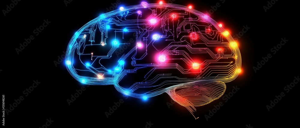 Poster abstract wireframe brain with glowing circuits and pathways illustration