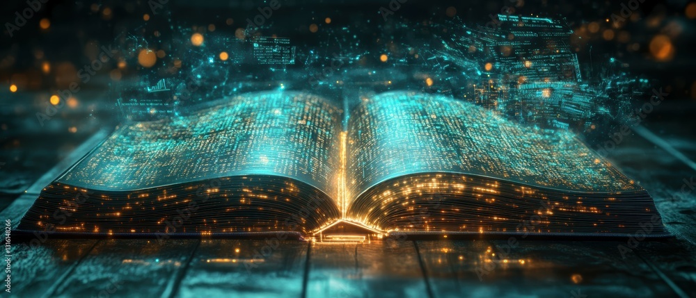 Aufkleber glowing wireframe book opening with data release and futuristic elements