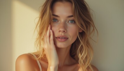 Naklejka premium Radiant young individual with natural beauty in warm sunlight, evoking serenity and confidence in a minimalist setting