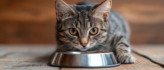 Focused tabby cat with captivating eyes near a silver bowl on a wooden floor in a domestic setting, creating a heartwarming scene of feline anticipation