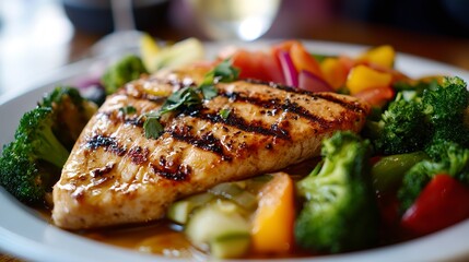 Grilled Salmon, A Succulent Centerpiece, Served With A Vibrant Medley Of Roasted Vegetables, Bathed In Warm, Inviting Light