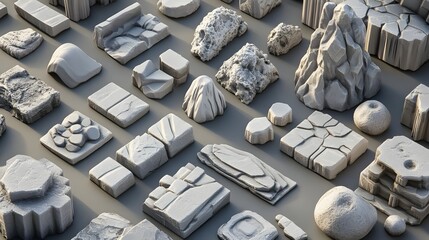 Collection of various textured stone and rock shapes arranged on a neutral background for design use