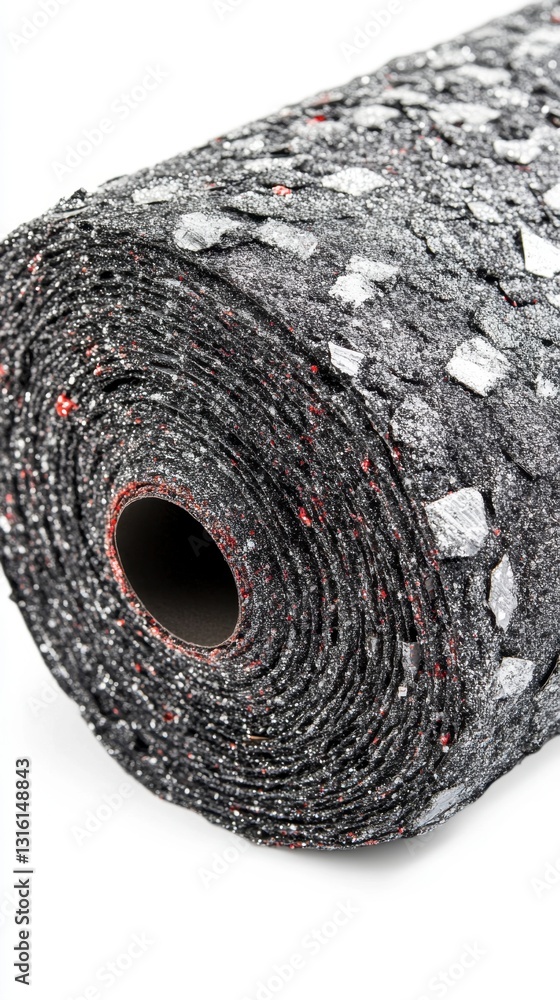 Poster close up view of a rolled up black and white textured material with red flecks, showing its surface 