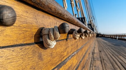 A skilled sailor deftly ties intricate knots on the deck of a traditional wooden ship, evoking a sense of adventure.