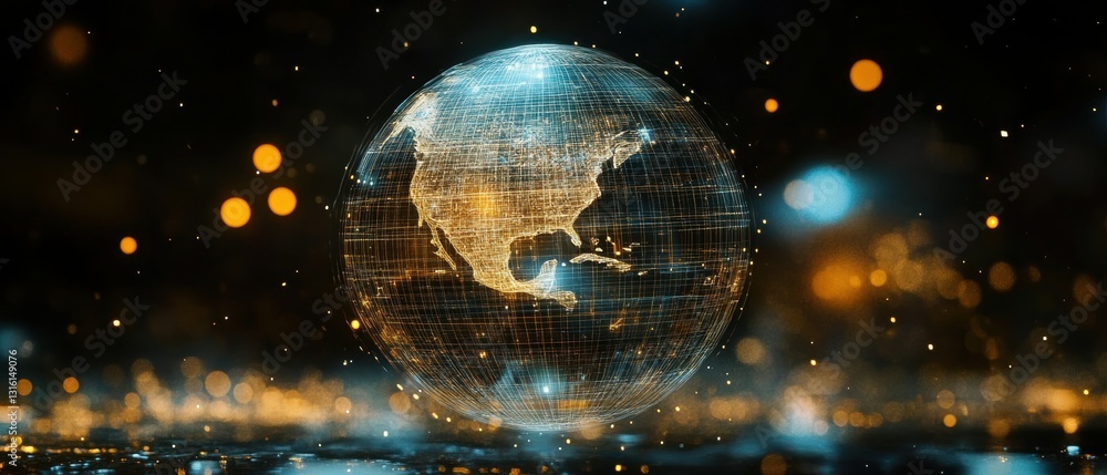Poster wireframe satellite visualizing earth in orbit with digital aesthetic