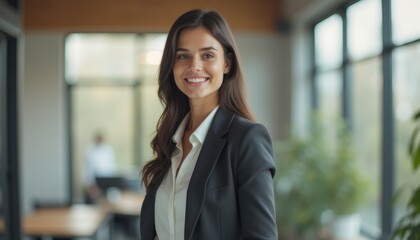 Fototapeta premium Confident software developer poses in a modern office space during daytime with natural light illuminating the environment