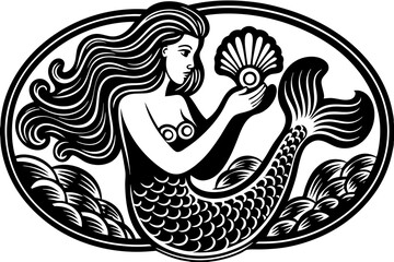 Beautiful mermaid holding a pearl in her hands. Engraving vintage vector illustration, monochrome black color. Woodcut