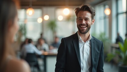 Fototapeta premium Cinematic capture of a confident developer engaging in conversation in a modern workspace during daytime