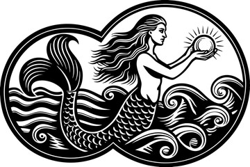 Beautiful mermaid holding a pearl in her hands. Engraving vintage vector illustration, monochrome black color. Woodcut