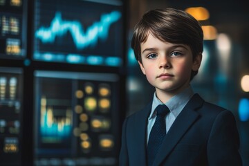 A photo of a 7-year-old boy in a suit and tie standing confidently in front of a stock display with charts and graphs, represents a young investor making his way into the world of finance.