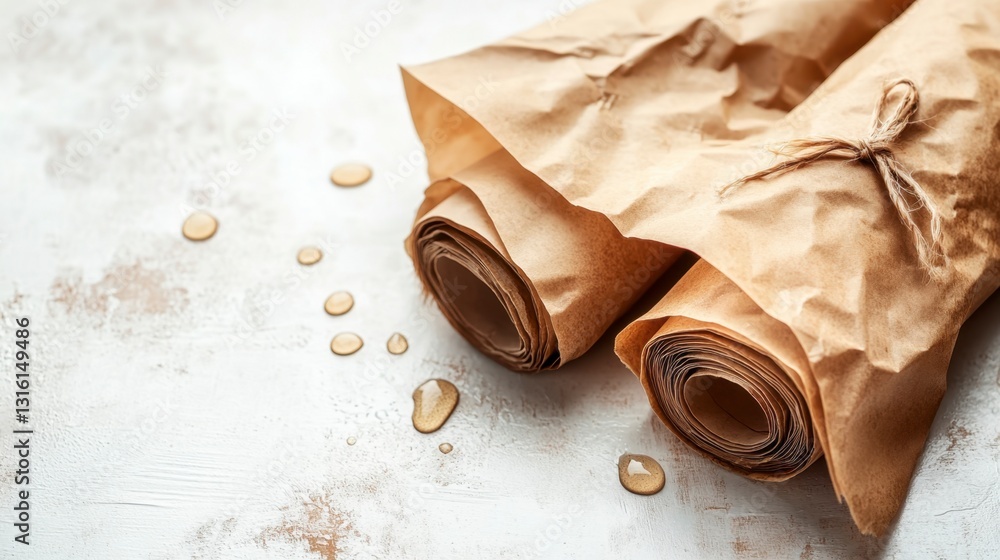 Poster two rolled brown paper scrolls tied with twine on a light textured surface, with scattered droplets 