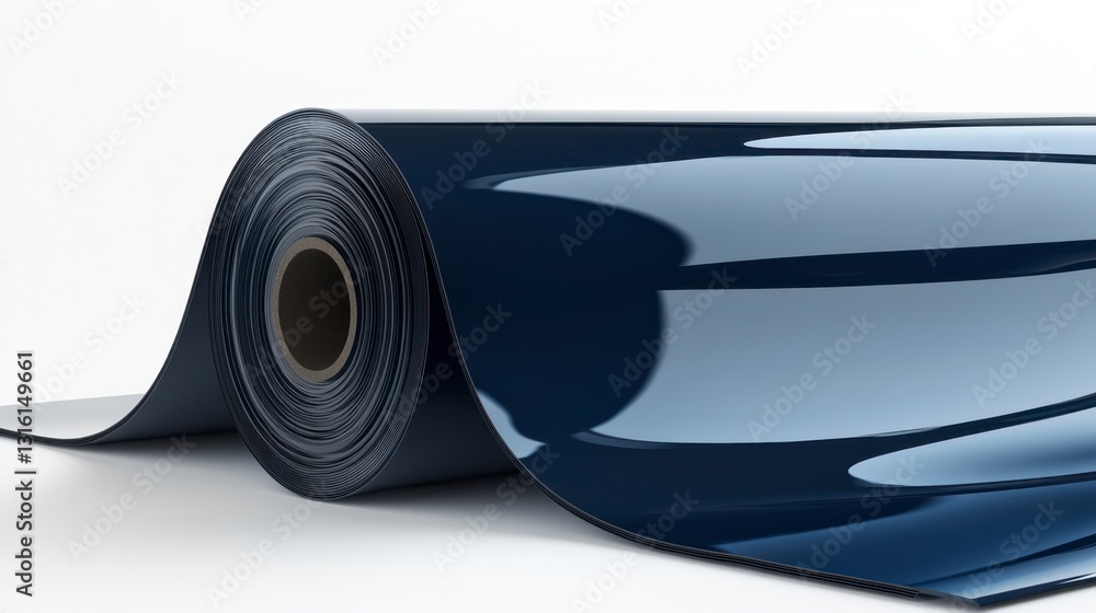 Poster close up view of a rolled up dark blue glossy material on a white background. the material has a ref