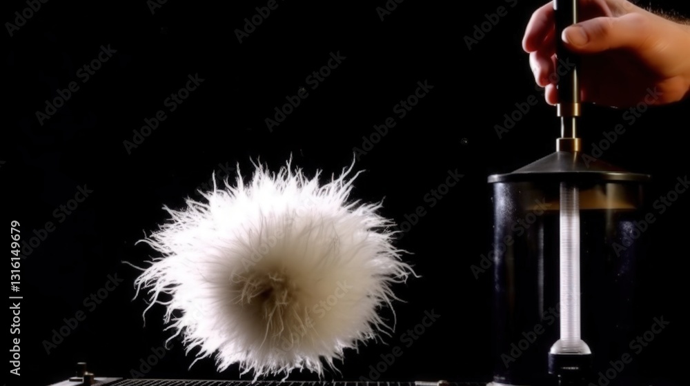 Poster a fluffy white object levitates mysteriously above a dark apparatus, manipulated by a hand. intrigui