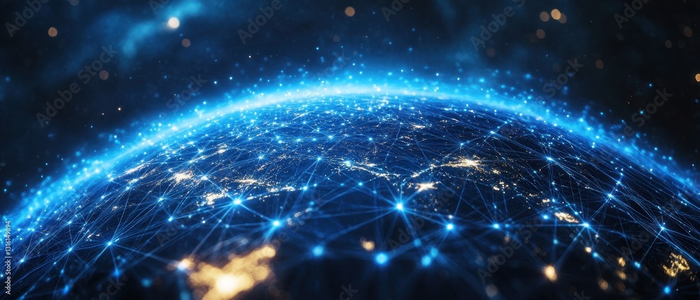 Poster global network connection concept with glowing nodes and lines representing data flow on earth in sp