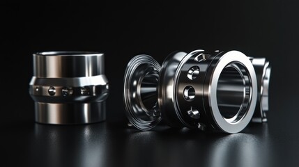 Close-up of precision-engineered metallic components, showcasing intricate details and reflective surfaces against a dark background.