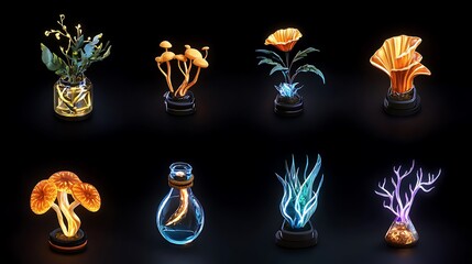 Glowing Flora & Fungi: A 3D Render of Enchanting Botanical Specimens AI Generated