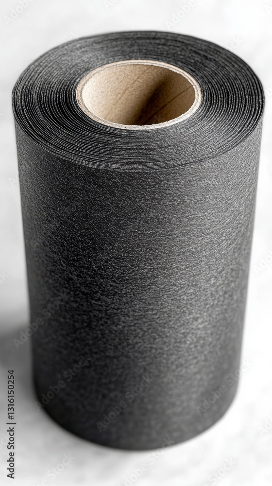Poster close up view of a rolled up dark gray speckled material with a cardboard core against a light gray 