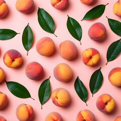 Flat Lay of Peaches and Leaves on Pink Background