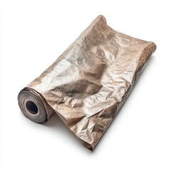 Rolled dirty brown paper on white background. Grunge textured paper roll. Texture of old, used, crumpled paper. Studio shot.