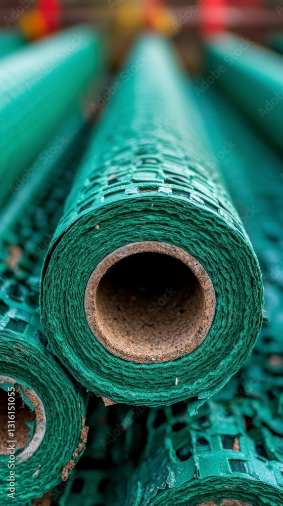 Poster close up view of several rolled up green plastic mesh materials. the mesh has a distinct pattern, an