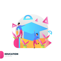 Students celebrate graduation near pencil; geometric shapes background