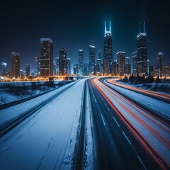 Naklejka premium Snowy City Highway at Night