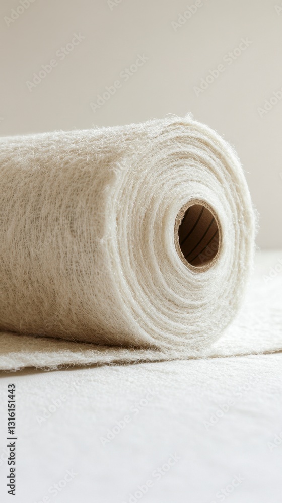 Poster close up view of a rolled up off white fabric, showing its texture and the layers of the roll. the f