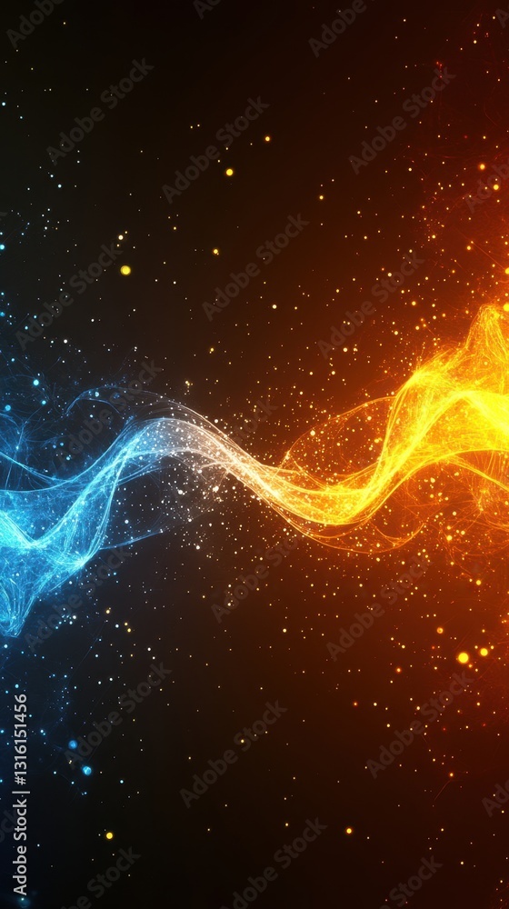 Poster dynamic abstract background with vibrant blue and orange energy waves and sparkling particles creati