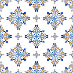 Blue, gold, and white damask seamless Barogue pattern illustration. Victorian style. Portuguese or Spanish tiles, Azulejo pattern. Mediteranian wallpaper.