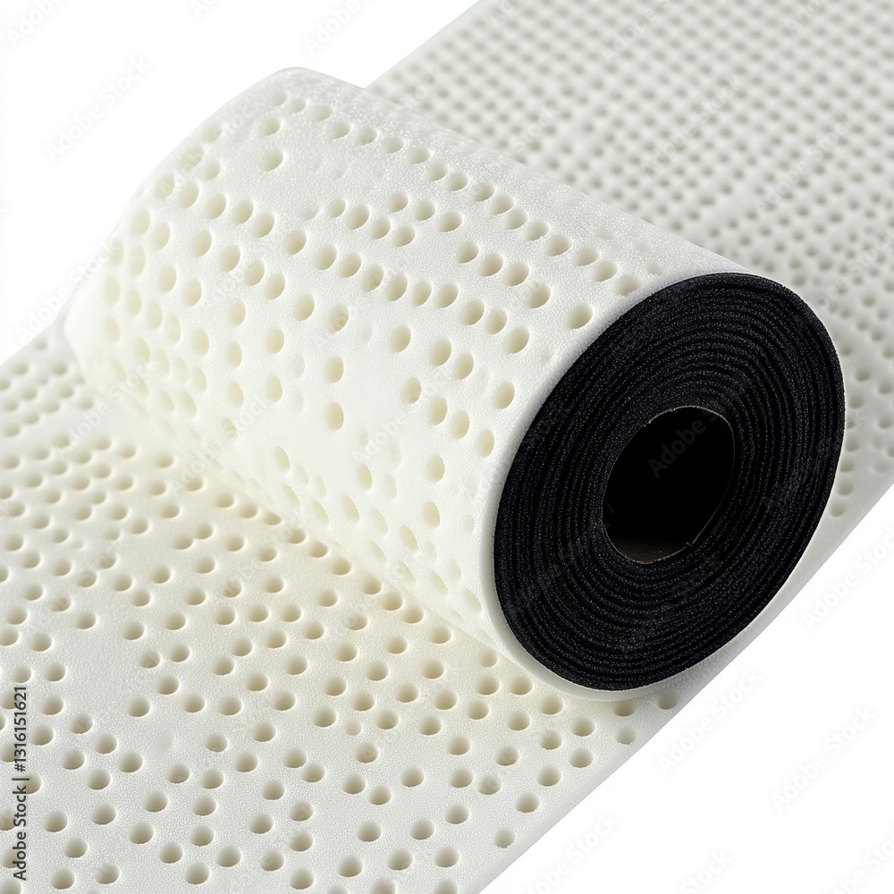 Poster close up view of a rolled up perforated white foam sheet with a black core. the texture is clearly v