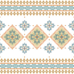 Orange and gold geometric damask seamless pattern with ethnic ornaments. Vector illustration. Idea for wallpaper, rugs, carpets, curtains, fabric edge. Geometric native American. Tribal ornament. Afri